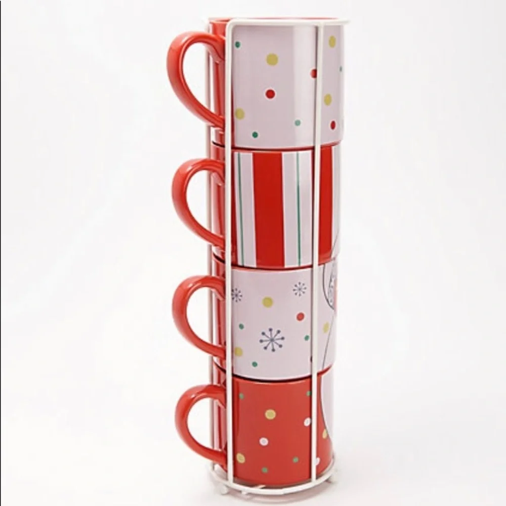 *NIB* Temp-tations Winter Whimsy set of 4 stacking mugs with metal stand - Picture 2 of 5